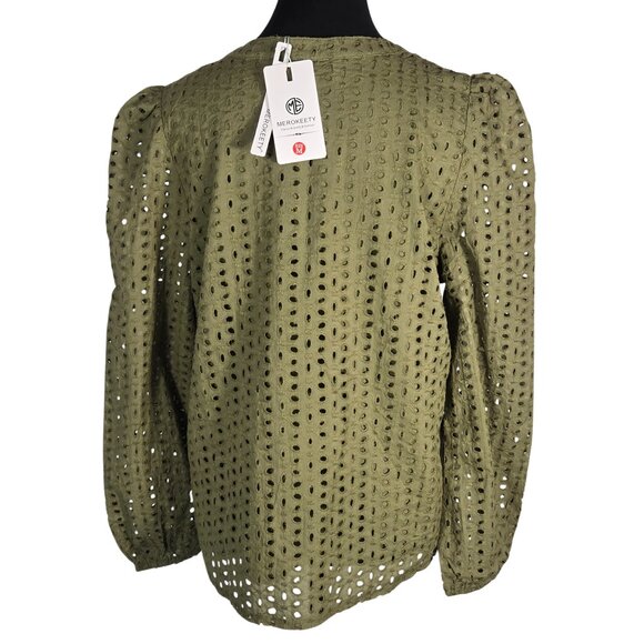 NWT | Olive Green Eyelet Embroidered Lace V-Neck Blouse Puff Sleeve | Medium - Picture 2 of 5
